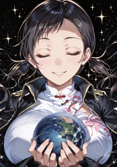score_9, score_8_up, score_7_up, source_anime,high detail, detailed face,1girl,nakatsu,(huge breasts:1.2),mature famale,curvy,FuCi, black hair,jacket on shoulders, low twintails,short twintails,white china dress, grey eyes <lora:kanno_fumi-koto-PonyXL 2:1>,highheels, closed eyes, closed month, Glowing, glowing eyes, smile, facing viewer, choker, star \(sky\), floating, planet, upper body, light particles, starry sky, earth \(planet\), close-up, black background, eyelashes,  hands up, sparkle, light smile, sky <lora:Galactic_Serenity_with_Earth:1>