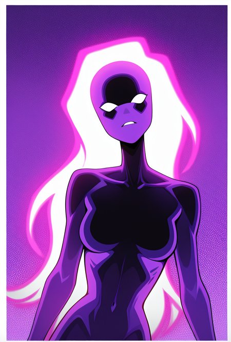 <lora:anodite-10:1> anodite, colored skin, no pupils, blank eyes, very long hair, breasts, glowing hair, forehead, purple body, black body, dynamic pose, purple background, purple outlne, facing viewer, very aesthetic, absurdres, newest, waist, leaning to side,, upper body, halftone effect, white borders, abstract background:1.2,