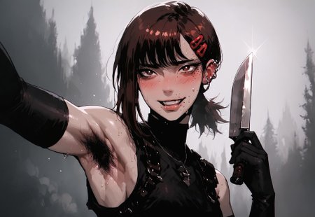 safe_pos, safe_pos, score_9, score_8_up, score_7_up, source_anime, kobenidef, mole under eye, mole under mouth, single sidelock, short ponytail, hairclip, brown hair, brown eyes,  shoulder holster, utility belt, wearing_nbu, black gloves, elbow gloves, black thighhighs, holding combat knife, 1girl,  piercings,  toned, excessive pubic hair,  hairy stomach, hairy armpits, happy trail, slender, thin, skinny, embarrassed, blushing, sexy posing, sweating, <lora:KLK_NudistBeach-IL:0.8>