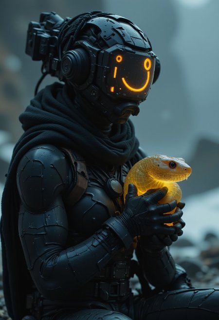 a cyber snake information scout dressed in dark mechanical armor, equipped with advanced visual devices that cover the face with a glowing display - an ascii art smiley face is visible on the screen. Holding a realistic and detailed giant translucent rainworm, The bleaked dystopian light-blue-grey and black background accentuates the silhouette of the scout, with detailed gear and wires extending from the armor, blending seamlessly with the surrounding. The overall style exudes a futuristic and tech-driven atmosphere. translucent in the style of ck-mgs,