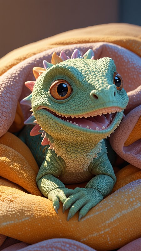 Cute cartoon style of a adorable little colourful lizard, snuggled, curled up, smiling, sleeping with a little blanket, tiny bedroom, on a bed under the blanket, ethereal, soft, detailed, iridescent scales, beautiful, cosy, cute, Pixar, snoozing, 3D render, UHD