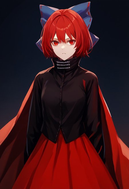 score_9, score_8_up, score_7_up, score_6_up, score_5_up, score_4_up, source_anime, solo, 1girl, 
sekibanki, red hair, red eyes, blue bow, black shirt, long sleeves, red skirt, two-tone cape, 
masterpiece, best quality, very aesthetic, absurdres,