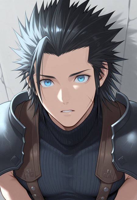 masterpiece,best quality,amazing quality, source_anime,
ZakkusuFea, zack fair, 1boy, male focus, solo, blue eyes, black hair, spiked hair, medium hair, scar on cheek, shoulder armor, sleeveless turtleneck,