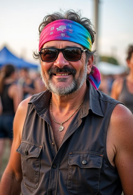 yfg-l3ms, YFG-Th3Dud3 a rugged 57-year-old festival goer with a tie-dye bandana, streaks of gray in his stubble, enjoying open-air music