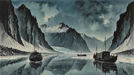 fantasy romania, painting, surreal, Horror, landscape of a Lovely (wide river used by keelboats to transport goods:1.2) from inside of a Glacier, at Blue hour, by Norman Ackroyd, Etching, aquatint, capturing the essence of coastal landscapes, seascapes, rugged terrain, atmospheric effects, delicate lines, alluring, <lora:EnvyPicturesqueXL01:1>, magnificent, rich deep colors, sublime, illustrious, highly complex