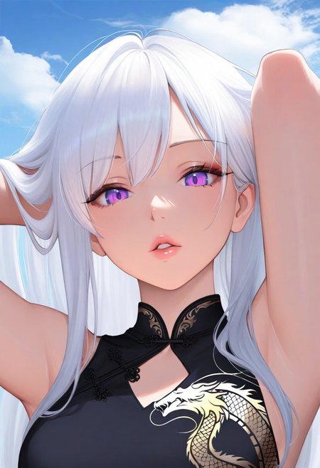 1girl,, sky, white hair, long hair, masterpiece, purple eyes, noble, parted lips, soft lips, luscious lips, glossy lips, looking at viewer, black dress, dragon print, outdoors, arms behind head, adjusting hair, cloud, volumetric lighting, blue sky, portrait, upper body,