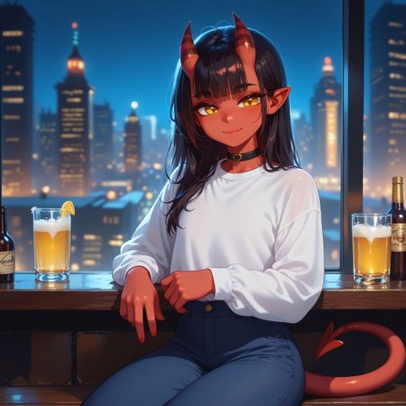 score_9, score_8_up score_7_up, score_6, BREAK masterpiece, high quality, perfecteyes, detailed background, depth of field, SkinDetail, cinematic lighting, shading, meruccubus, 1girl, 2d, red tail, horns, demon tail, long hair, black hair, choker, yellow_eyes, freckles, colored skin, red skin, demon_girl, flat chest, black outline, looking outside window, closed mouth, bottle, relaxing, drinking glass beer, bottles, closed-up face, on side window, sitting window bench, long sleeves, white shirt, blue pants, shirt, indoors, building, interior, night sky, moon, city lights, city background, city theme, huge glass windows, smile