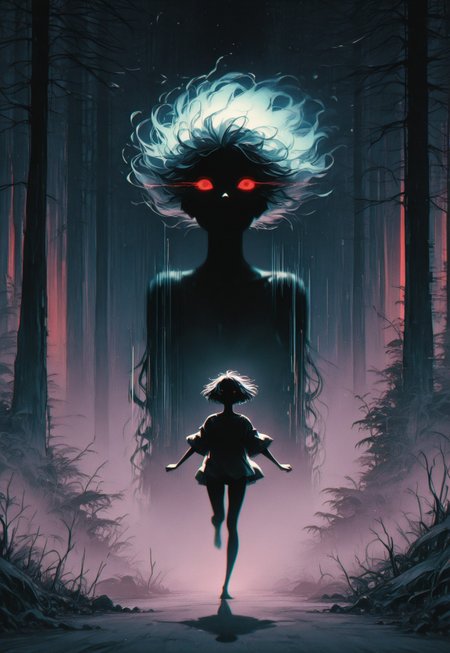 masterpiece, best quality, amazing quality, very aesthetic, absurdres, newest, OTZZK, Studio Ghibli Dark Fairytale, glitch, gllitch art, detailed glitch,
BREAK,
1girl, black bangs, short hair, ground fog, (motion blur:1.5), micro skirt, oversized shirt, running, shadow monster, face focus, floating hair, shadow tendrils, glowing red eyes, running, springing, 
BREAK, night, soft moonlight, outdoors, forest, haunted forest, rolling fog, mysterious, spooky, eerie, dramatic shadows, red and black background theme, dramatic lighting, detailed background, deep contrast, limited color palette, high contrast black, dramatic composition, 