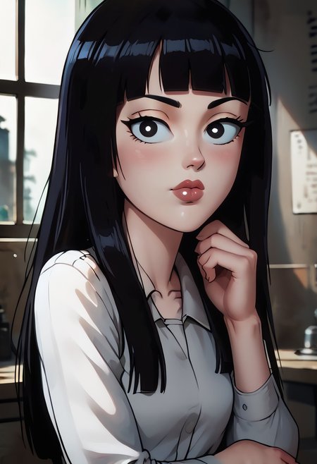 (ultra HD quality details), Detailed illustration, score_9, score_8_up, score_7_up, score_6_up, PRSNL, w_g_f, uncensored , pupils black dots, 1girl, lips,
 future mai, long hair, black hair, bangs, black eyes,
Warm light, indoors,
((Upper body)),