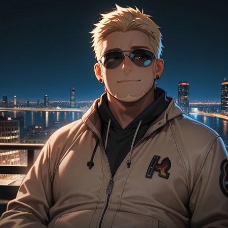 masterpiece, best quality, amazing quality, absurdres, newest, detailed background, definition so sharp, Ultra-HD, 8K cinematic, very awa, impressionate, amazing quality, highres, 
solo, male focus, manly, 
1boy, short hair, goatee, chubby, rikio_blonde, rikio_brown eyes, rikiokamamoto, sunglasses \(on face\), earrings, sideburns, stylish jacket, urban background, city lights, night, cool colors, confident, suave, upbeat, chill vibe, leaning, relaxed pose, slight smile,