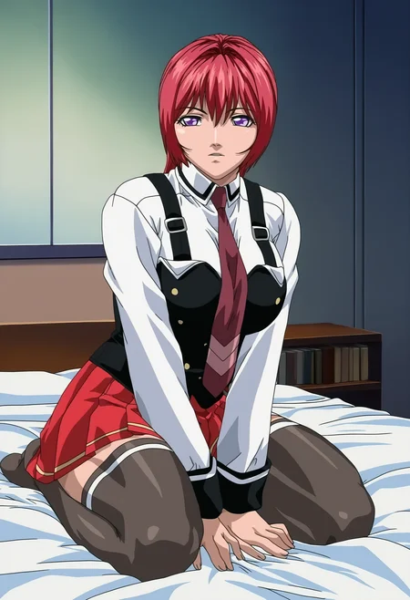 masterpiece, good quality, best quality, highres, very awa, bloom, shadow,
TakashiroGaiden, 1girl, full body, three quarter view, 
sitting, wariza, leaning forward, hands on bed, spread legs, arm support, v arms,
looking ahead, parted lips,
red hair, long hair, purple eyes,
school uniform, collared shirt, white shirt, vest, suspenders, pleated skirt, miniskirt, black thighhighs, red necktie, no shoes,
curvy, thighs, large breasts,
indoors, bedroom, on bed, interior, bookshelf, window, day,
<lora:TakashirGaiden 3216 NoobAIXL V-pred:1>