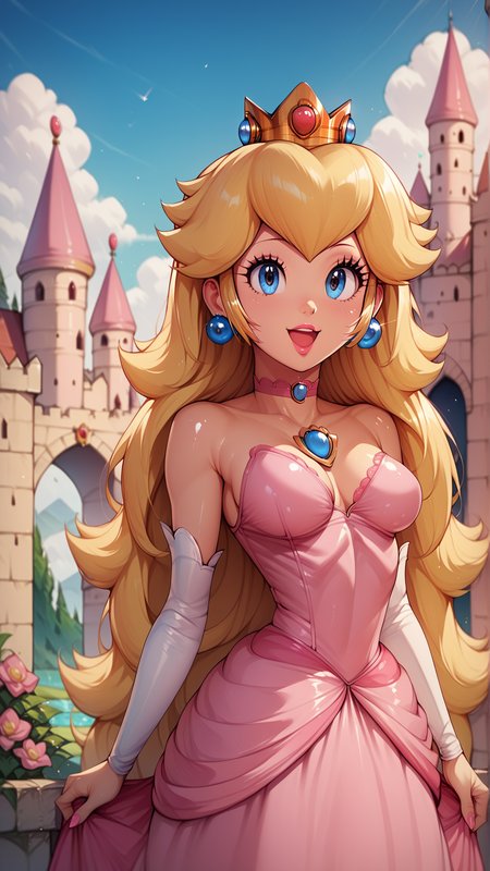 score_4,score_5,score_6,score_7_up,score_8_up,score_9 BREAK <lora:Princess_Peach_Shiny_Style_V3.0:0.8>,1girl,solo,jewelry,earrings,long hair,breasts,very long hair,big hair,choker,dress,medium breasts,bare shoulders,:d,outdoors,smile,open mouth,shiny,shiny skin,princess peach,castle,