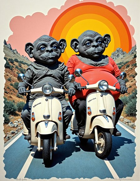 papercut collage of an image where fat Nukie the knockoff alien and a really fat clone are morbidly obese, riding their mopeds up the road.  . mixed media, textured paper, overlapping, asymmetrical, abstract, vibrant