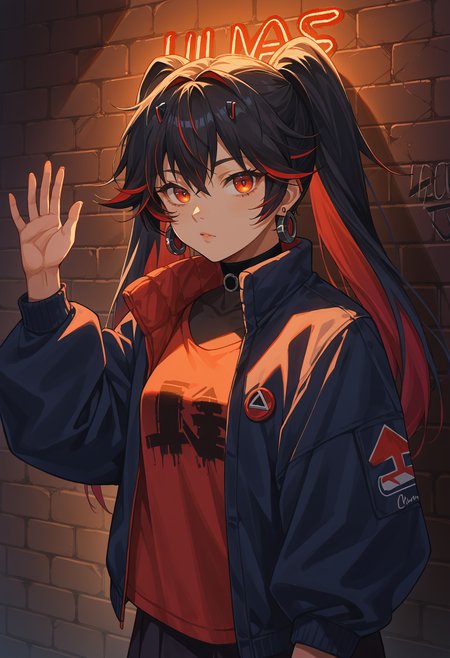 score_9, score_8_up, source_anime, 1girl, solo, LuciaPlume, long hair, twintails, streaked hair, gradient hair, earrings, sharp eyes, choker, neon shirt, open jacket, turtleneck sweater, night, against wall, brick wall, graffiti, dim lighting, alley, looking at viewer, <lora:ChamLuciaPlumePonyXL:1>