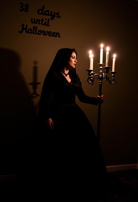 photograph of a ghost woman wearing a victorian gown and holding a candleabra, standing in a dark room, soft shadows, candlelight, shadows on the wall that form text saying "38 days until Halloween"