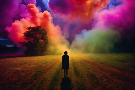 Psychedelic style An award-winning photograph that captures the intrigue of a secretive and enchanting conspiracy, enveloped in a cinematic and mysterious aura, smoke, God rays, depth of field, dark night, in a room, gloomy, disturbing, indescribable terror, (heavy fog:1.1), hidden truths, enigmatic whispers,  intrigue beneath the surface, (Intriguing Narrative:1.3), (Enigmatic Conspiracy:1.2), (Cinematic Allure:1.4), (Mysterious Atmosphere:1.2), photography inspired by Gregory Crewdson and David Lynch,  The Happy Hunting Grounds, The Judgment of Paris, Peter Max, (masterpiece,best quality:1.5) . Vibrant colors, swirling patterns, abstract forms, surreal, trippy