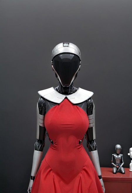 A 35mm photo a woman, she is a humanoid robots , robotic body, vibrant green robotic eyes, freckles, smooth featureless silver grey robotic skin, robotic aerials, metallic dark blue hair, elegant red Christmas satin dress with white fur trim, 
mannequin, faceless, egghead, noface, cyborg, TheFaceLess, Zorii-pxl, Zorii Bliss, faceless