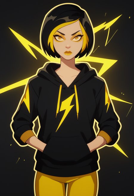 score_9, score_8_up, score_7_up, 1girl, solo, black hoodie, (yellow lightning print), hands in pockets, bob cut, yellow pants, black pants, stripes, front view, half body,
outddors,
<lora:Golden_Glider_Kite_Man_r1:0.8> short hair, black hair, gold hair, multicolored hair, makeup, lipstick,   <lora:f13XLP:1> f13,