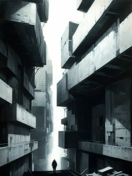 layered expired film , analog nightmare, midnight dream, astral city,   + 36.5 mm f0 cinematic  quality , + style of  Jeremy Mann,  Peter Elson, Alex Maleev, Ryohei Hase, Raphael Sanzio, Pino Daheny, charlie bowater, Albert Joseph Penot, Ray Caesar, hr giger, gustave dore, Stephen Gammell, masterpiece of art portrait layered sheets, techniques used: lithography chiaroscuro, atmospheric perspective <lora:Brutalism:0.5> brutalism <lora:xl_more_art-full_v1:1.1>