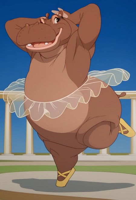 score_9, score_8_up, score_7_up, BREAK, furry female, full body, indoors, hippopotamus, sideways, standing, open mouth, sketch, fangs, blue background, yellow ballet slippers, dancing, transparent tutu, open eyes, seductive looks, curvy body,