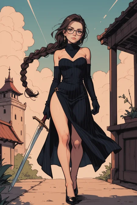 1girl, long hair, very long hair, glasses, solo, weapon, braid, dress, brown hair, sword, holding, black dress, looking at viewer, holding weapon, full body, single braid, brown eyes, holding sword, jewelry, earrings, dual wielding, pinstripe pattern, arms behind back, black-framed eyewear, outdoors, standing, breasts, closed mouth, layered dress, medium breasts, gloves, head tilt, sky, piercing, strapless, strapless dress, sweater, turtleneck, center opening, black gloves, long sleeves, ribbed dress, ear piercing, architecture yu mei-ren (fate), <lora:Expressive_H:0.5>, score_9, score_8_up, score_8_up, a_Comic_Illustration, rough lines with ink, (drawn:1.1), (sketch:1.5), (crosshatching:1.25), (comic style:1.1), graphic novel style, sharp lines, hires, zstyle, (western comics \(style\):1.1), (hatching \(texture\):1.2), zPDXL, Mr_Monster_Possitive, beautiful detailed eyes, extreme details eyes,  perfect anatomy,, 1girl, thighs, cowboy shot