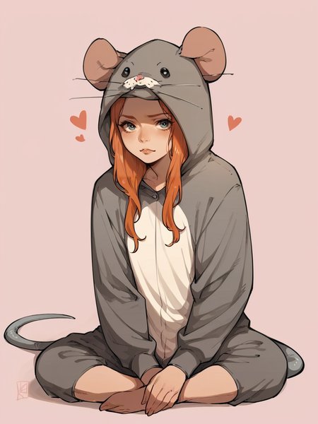 score_9, score_8_up, score_7_up, score_6_up, score_5_up,  <lora:ratonsieXLP3:1> rat onsie, barefoot, animal costume, tail, 1girl, ginger hair, sitting, heart, pink background,