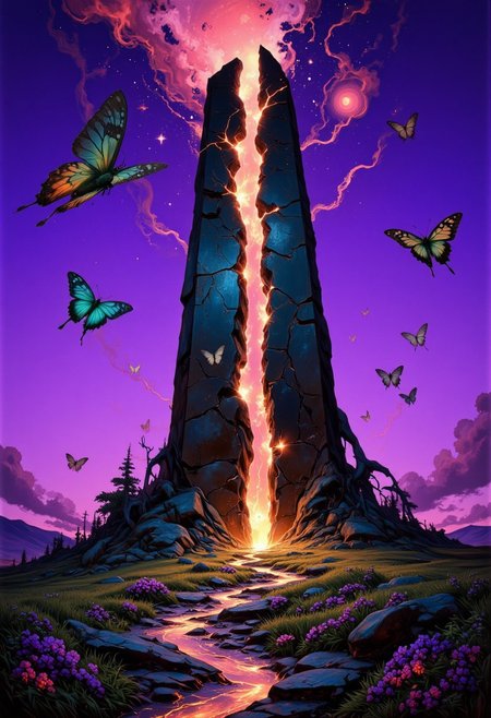 Medium shot with exaggerated depth, slight fisheye distortion.
R3alisticF, 
A colossal monolith stands in the center of a vast, luminescent field, its obsidian-black surface cracked open, revealing pulsating veins of golden light. From within, enormous translucent moths emerge, their wings resembling delicate stained glass with shifting patterns of deep indigos and glowing pinks. The air vibrates softly as they ascend into the violet sky, leaving behind trails of shimmering dust that dissolve into spirals of cascading neon particles. The ground itself breathes, pulsating with waves of bioluminescent flora, their tendrils curling and shifting as if reacting to unseen rhythms. The monolith hums with an ancient, sorrowful melody, resonating through the glowing landscape like the heartbeat of something long forgotten.