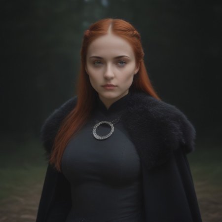 masterpiece, best quality, SansaStark, 1girl, solo, long hair, red hair, (blue eyes), beauty, grey dress, fur trim, cape, upper body, <lora:SansaStark_illustrious_Leaf2:1>, forest, outdoors, round breasts, breasts together, medium breasts,