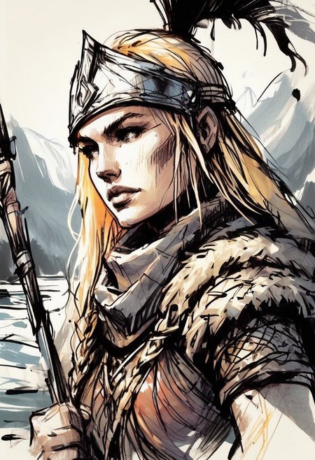 inksketch,
a young woman wearing a norse helmet holding a spear and shield, battlefield, river, blonde, braids, extreme close up, portrait,