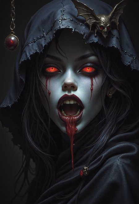 masterpiece, realistic scenery, ultra high quality, a gorgeous 23yo vampire woman cleans her vampire teeths after a long night, completely covered from the neck down, a vampire bat hangs upside down on a wall, dawn, extreme close-up, (SFW:1.2), dark fantasy, eerie, horror, ArsMJStyle, dnddarkestfantasy, <lora:Flux Darkfantasy_epoch_1>, <lora:DnDDarkestFantasy>