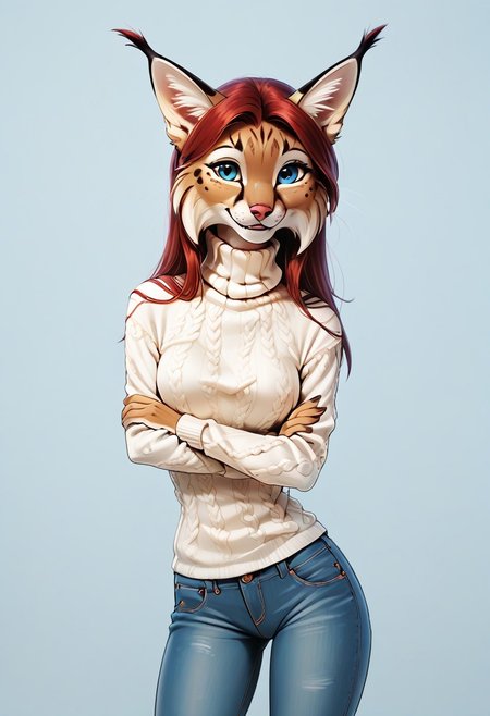 digital_media_(artwork) hi_res, score_9, score_8_up, score_7_up, score_6_up, source_furry, rating_safe, anthro, furry, female, furry female, detailed textured fur, fur tufts, lynx, red hair, blonde brown fur, spots, beautiful blue eyes, medium breasts, covered breasts, slim, slender, turtleneck sweater, denim jeans, smile, SFW,