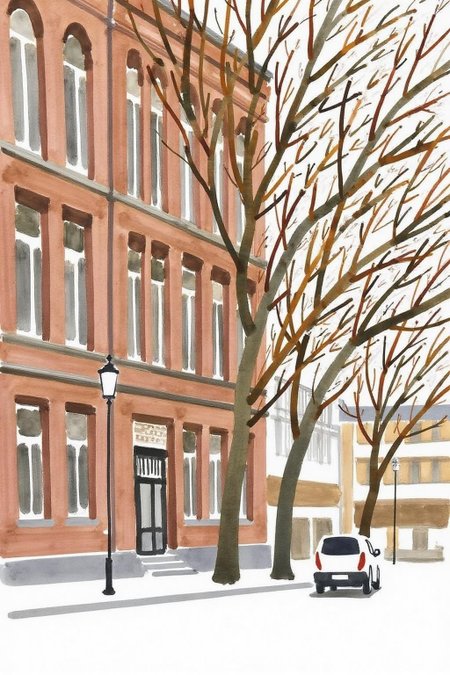 watercolor illustration. 
An urban scene. The artwork features a multi-story, red-brick building with a series of tall, narrow windows. There are trees in front. and a small car parked beside sidewalk. <lora:minink1_cap_d6a3e12:1.0><lora:825118674462482242:0>