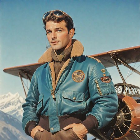 <lora:30s_Technicolor_MovieSDXL:1> ArsMovieStill, movie still from a 1930s technicolor movie, The image shows a dashing pilot in a bomber jacket leaning against a vintage biplane on a clear day, with mountains in the background., 1man, solo, pilot, bomber jacket, vintage plane, adventure, outdoors, blue sky, rugged