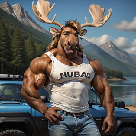 score_9, score_8_up, score_7_up, score_6_up, score_5_up, score_4_up, photorealistic, realistic, masterpiece), furry male, detailed face, detailed eyes, detailed hair, detailed fur, solo, 
M1K4_Moose, Mika, Anthropomorphic Moose, Brown Fur, Antlers, Moose, Brown nose, Brown Eyes, Muscular Male, Bara, muscles, male focus, animal focus, Mullet, Blonde Hair, hooves, two-fingers, tank top, earrings, animal ears, animal focus, jeans, full body, big nose
BREAK
Beach Background, Lake Background, Mountain Lake Background, Holding Oar, BlckSd-Style, blacksad, inked lines, hand drawn, watercolor, furry, anthropomorphic animals
<lora:add-detail-xl:1.5>