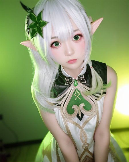 (photo realistic:1.35),(ulzzang-6500:0.65), masterpiece, best quality, detailed, pointy_ears, elf, 1girl, green_background, solo, hair_ornament, long_pointy_ears, green_eyes, long_hair, dress, realistic