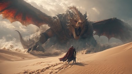 amazing quality,
sci-fi, desert landscape, dragon come through the dunes,
a knight preparing to fight, epic scene, fabulous,
<lora:XL_boss_battle:0.85> Bosstyle,
<lora:extremely_detailed:2.5>, extremely detailed,
<lora:EnvyVividXL01-adamw:0.85>,