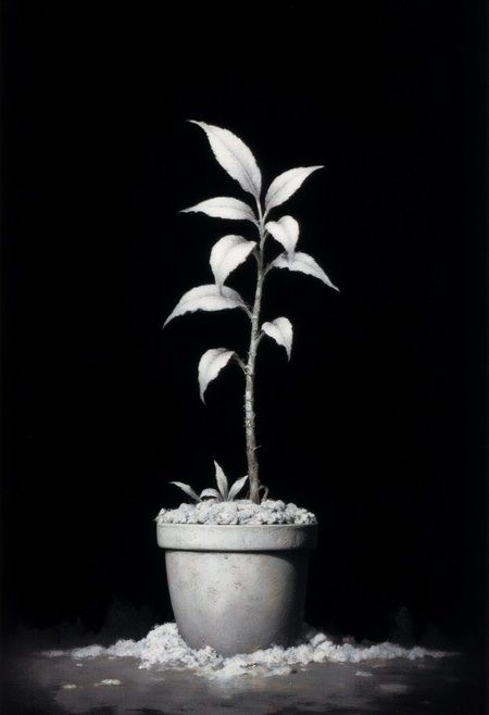 Frank Frazetta fantasy oil painting of an infrared image of a small alien sapling in a tiny pot, the leaves of the sapling are pure white. pure black background, black and white, monochrome