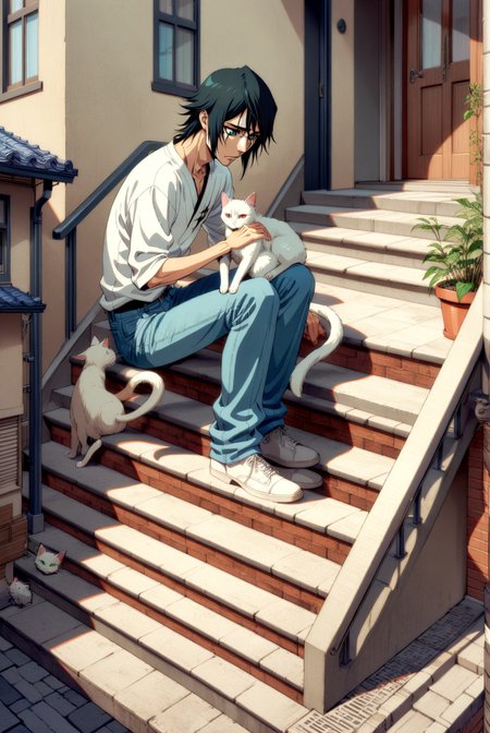1boy, male focus, ulquiorra cifer, bleach , (90s anime style:1.5), front view, outdoors, street view, (looking down:1.3), perfecteyes, isometric, sitting on stairs, shirt, denim shorts, 1 white cat sitting next to them, petting the cat <lora:detailed_notrigger:1> <lora:ParchartXL_CODA:0.2> <lora:Isometric Cutaway:1> <lora:PerfectEyesXL:1> <lora:ral-drptpl:0.1> <lora:FILM_PHOTOGRAPHY_STYLE:0.6> <lora:Surreal Harmony:0.2>