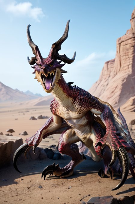source_furry, score_9, score_8_up, score_7_up, (wyvern_xv, wyvern, feral), scalie, red scales, detailed scales, horns, yellow eyes, detailed eyes, claws, tail, winged arms, <lora:FF_Wyvern08:0.8>, outdoors, desert, standing, look at viewer, roaring, zPDXL2, zPDXLpg, zPDXLrl, shaded, best quality, highly detailed, extreme detail, photorealistic