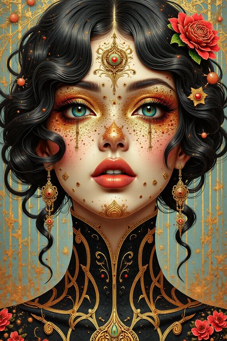 yfg-sm0rg, ART NOUVEAU streamline moderne reaction-diffusion turing pattern lichtenberg pattern fauvism Anodized Metal Queen, Brittney Lee, paper craft inspired, very detailed, sparklecore, glittercore, goth color palette trending on ArtStation
