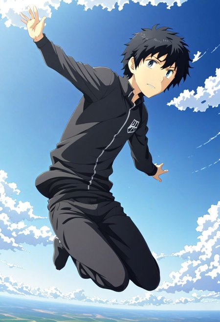 high resolution, solo, best quality, 1Boy, Arata Kaizaki, Black Hair, free fall, sky , OverallDetail
