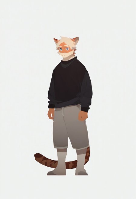 score_9_up, score_8_up, score_7_up, source_furry, dnd, milkytiger, tiger ears, tiger boy, white eyebrows, blue eyes, 1boy, solo, black sweater, gray shorts, full body, standing