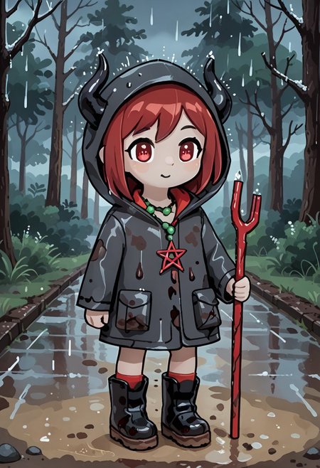 score_9, score_8_up, score_7_up, BREAK
highres, highly detailed, high resolution, high quality, 
source_anime, anime screencap, saturation, vivid colors, 
1girl, solo, luce, full body, standing, demon girl,
(dark red hair:1.2), (big dark red eyes:1.1), medium hair, cute, (grey skin:1.1), (horns:1.2), 
(long black raincoat:1.1), dirty black rubber boots, 
pentagram necklace, holding red trident, 
cute, bokeh,
blurry background, forest background, path, rain, 
stkyswt, outline