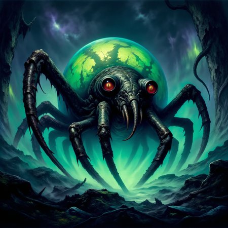 highly detailed masterwork fantasy oil painting in the style of fr4z3tt4, detailed expressive eyes, fantasy style, fractal art, beware this otherworldly glowing invertebrate abomination aptly named "cross-eyed flurbblubberer" with its countless legs, this exotic and deadly poisonous creature roams the bioluminescent plingzockleshroom forests and foggy fizzledyming jungles of its alien world "slormslug quartus", where gigantic turdible and towering trees nurglefizzle the ground, old masters painting <lora:frank_frazetta-flux-by_darmox:0.36> <lora:image_enhancer-flux-by_dever:1.0> <lora:midjourney_61-flux-by_aidigitalmediaagency:0.4>