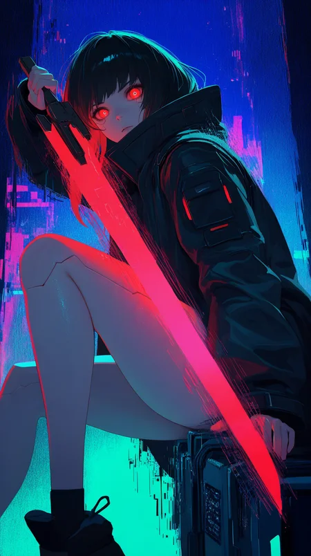 masterpiece, detailed_eyes, high_quality, best_quality, highres, absurdres, 8k, Jedst1, solo, woman, one-handed energy blade, static noise bloom behind, glitch_art overload on legs, fashion-forward black coat, looking at viewer, glowing red eyes, cyberpunk war zone, motion echo ,<lora:Jedst1-000004:1>