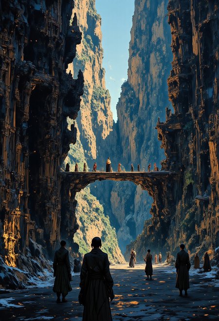 "Bridges of black glass link the towers to one another, above the river below."