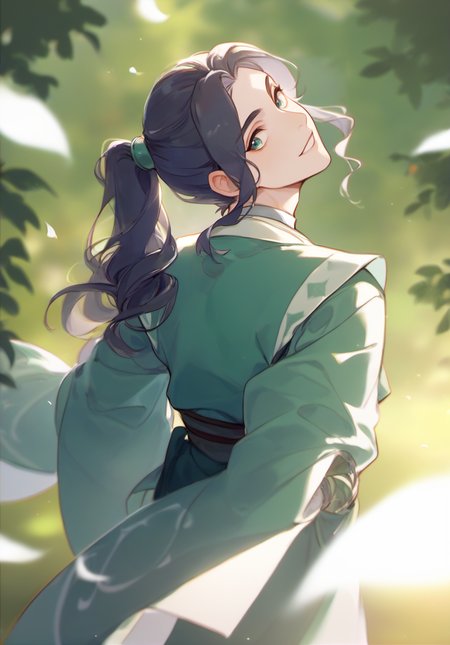 score_9, score_8_up, score_7_up, masterpiece, best quality, 1boy, solo, yong boy, <lora:shaft_head_tilt-PD-1.0-all:0.8> shaft head tilt, back to viewer,   <lora:MeiLanPony:1> meilan, green hanfu, ponytail,