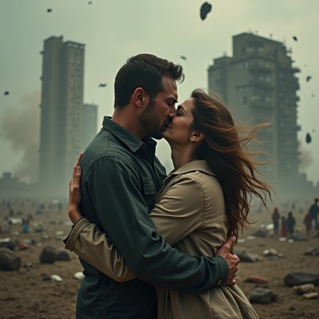 A man and a woman embrace each other. The woman is crying and terrified. The world around them is crumbling into a black hole. There are buildings being sucked up into the sky and debris flying all around them. The scene is sad and chaotic with a sense of impending doom, realistic. The wind is blowing everything around them.