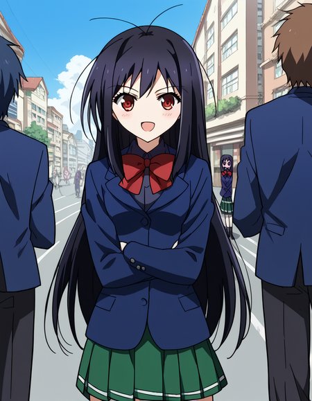 score_9, score_8_up, score_7_up, source_anime, <lora:accelworld-kuroyukihime-s1-ponyxl-lora-nochekaiser:1>, kuroyukihime, long hair, black hair, red eyes, antenna hair,, skirt, bow, brown eyes, school uniform, jacket, blazer, red bowtie, blue blazer, green skirt, pleated skirt, town, small, streets, community, people, smile, <lora:x-arms-ponyxl-lora-nochekaiser:1>, x arms, blush, open mouth, leaning forward,, looking at viewer, solo,, dutch angle, cowboy shot