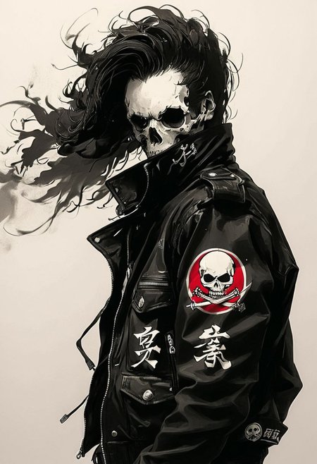 assassinkahb style, a black and white photo of an assassin wearing a motorcycle jacket with japanese writing on the back, solo, simple background, 1boy, white background, jacket, monochrome, upper body, greyscale, male focus, long hair in wind, weapon, clothes writing, skull, skeleton, japanese flag